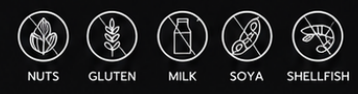 Nuts, Gluten, Milk, Soya and Shellfish